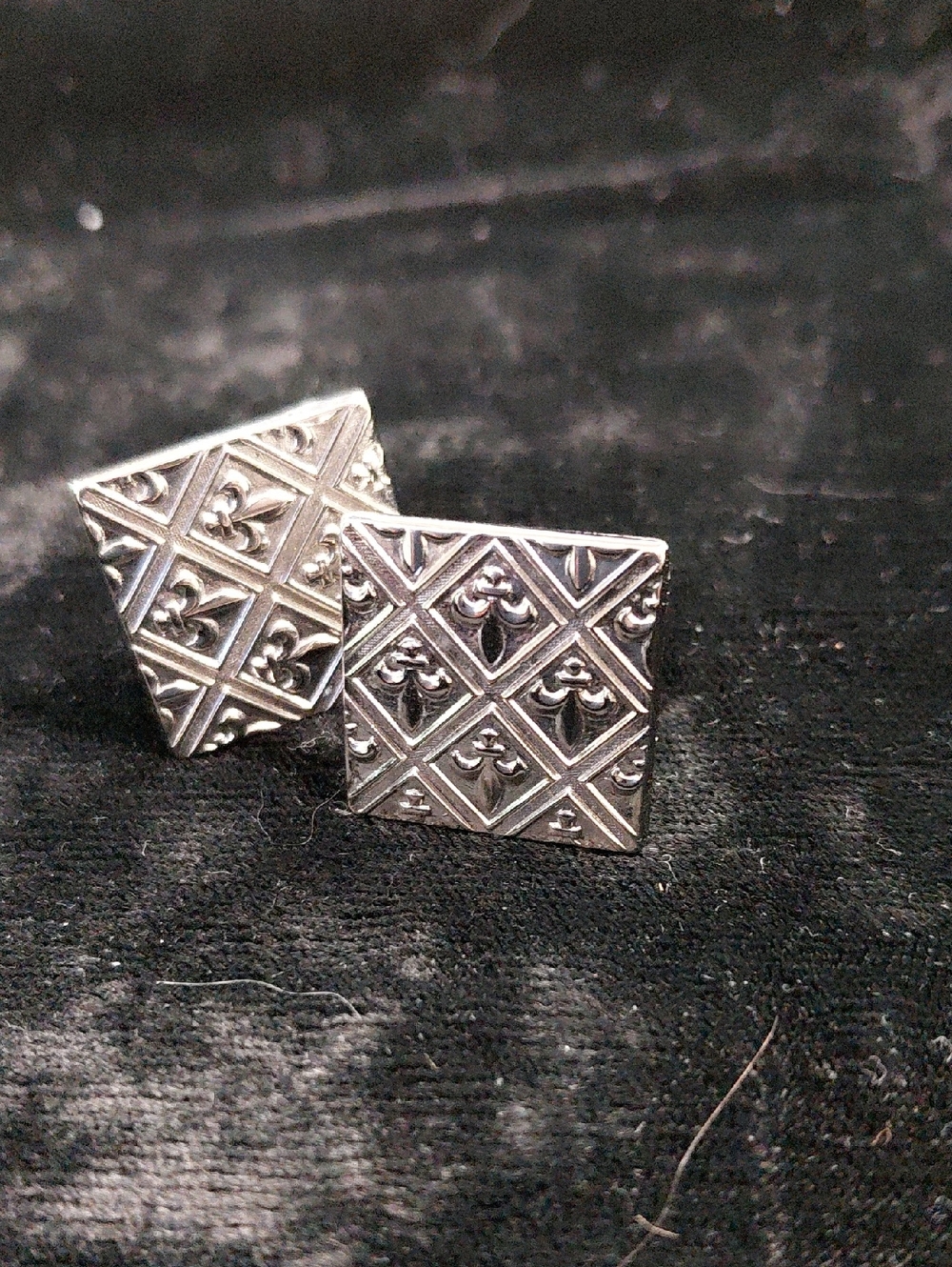 Men's Silver-Tone Ornate Square Cufflinks - Decorative Fleur Motif